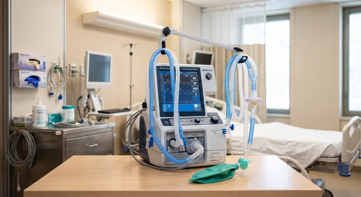 Mechanical ventilator in a hospital room