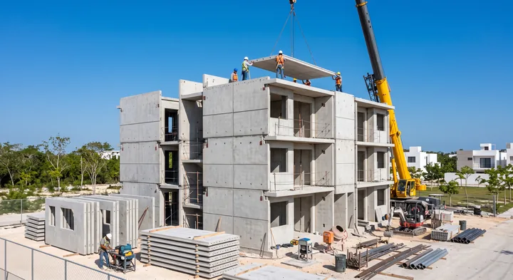 Precast concrete panel assembly with crane